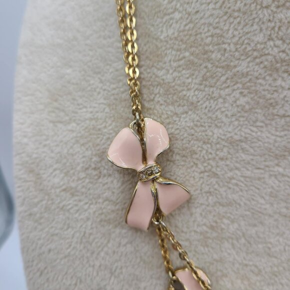 J Crew Pink Enamel Long Bow Station Necklace with small Clear Crystals - Picture 2 of 12